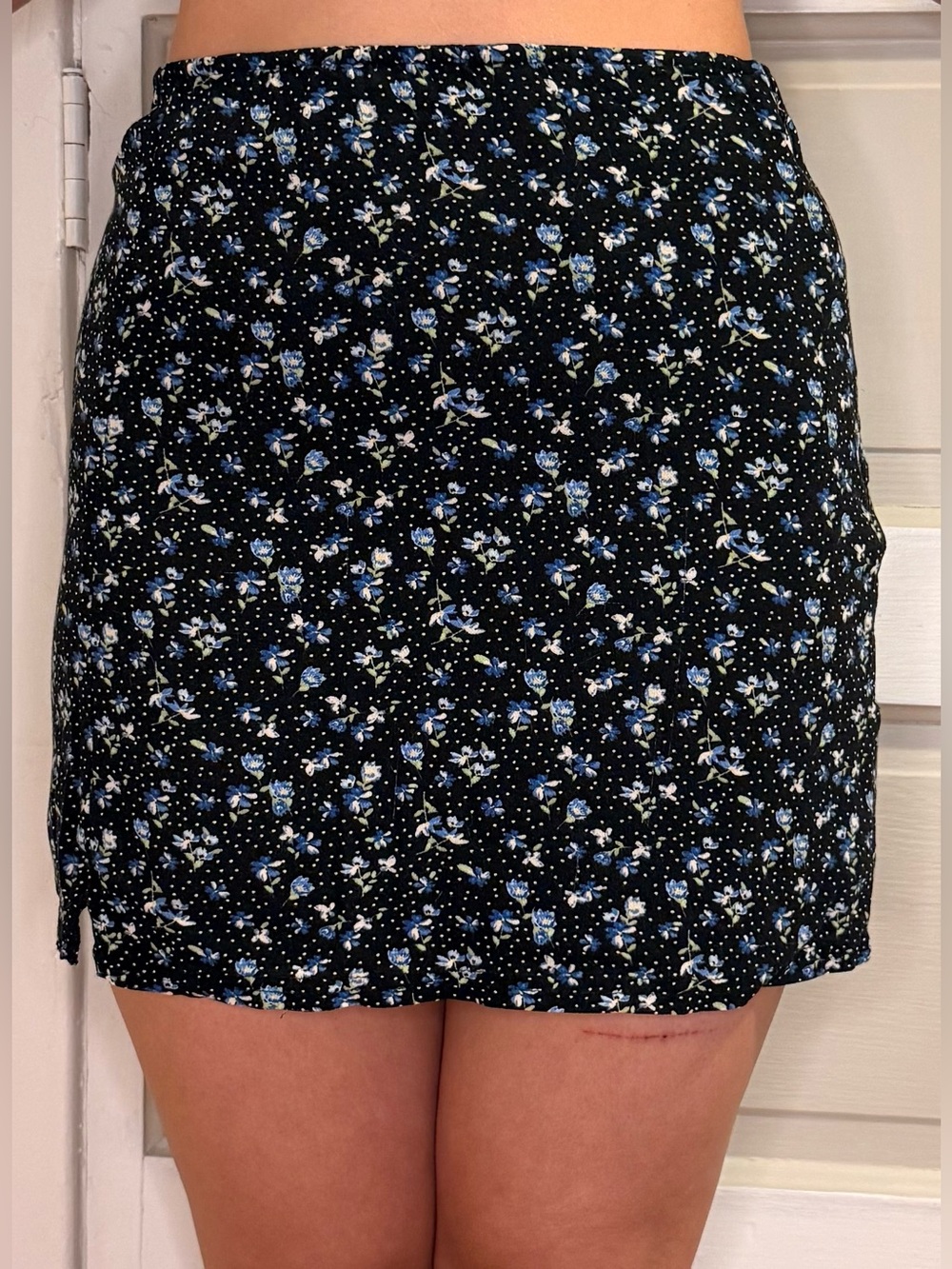 American Eagle Outfitters Black Mini Skirt with Blue and White Floral Print